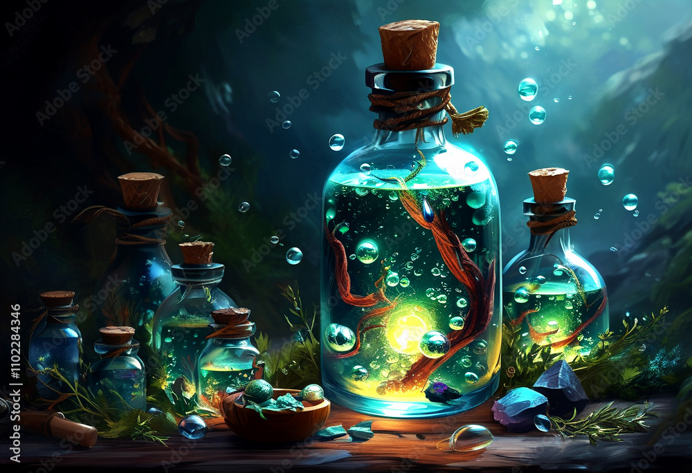 Enchanted bottles glow with magic amidst the forest's mystical ambiance Enchanted bottles glow with magic amidst the forest's mystical ambiance