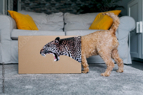 Mischievous Dog Encounters Box with Ferocious Leopard Print photo