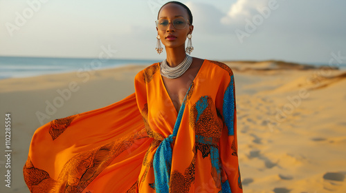 Stylish traveler in cultural attire captured at sunset beach.