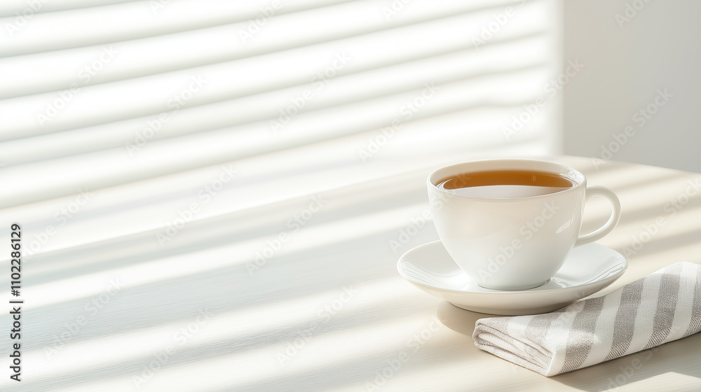 White cup of tea resting on table near window with blinds casting shadows, creating a cozy and relaxing atmosphere White cup of tea resting on table near window with blinds casting shadows, creating a cozy and relaxing atmosphere