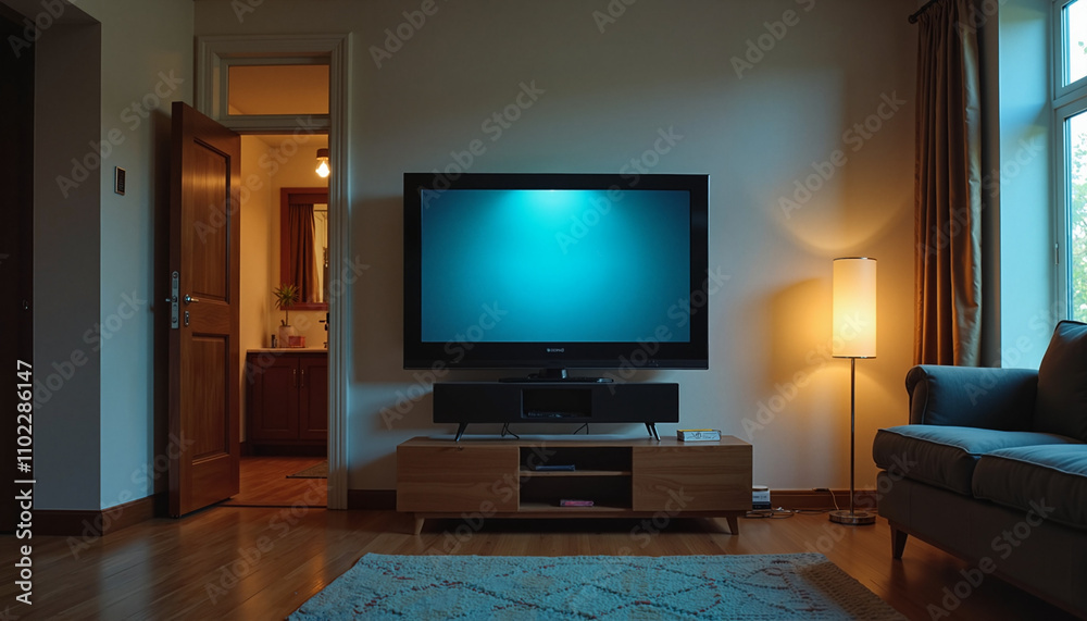 Fototapeta premium Modern living room with calm atmosphere and TV on stylish furniture, copy space