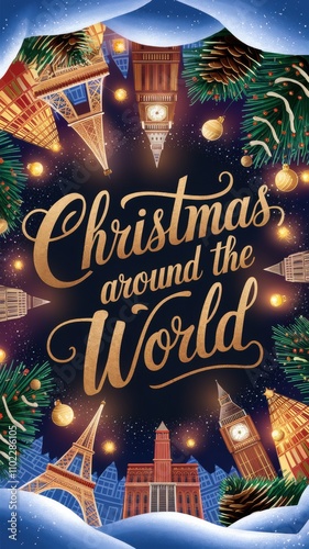 Celebrate the spirit of Christmas around the world with festive landmarks and decorations in a vibrant holiday scene