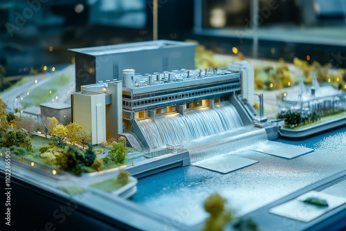 hydropower innovation concept. A detailed model of a hydroelectric power station showcasing water flow, surrounded by greenery and miniature structures. photo