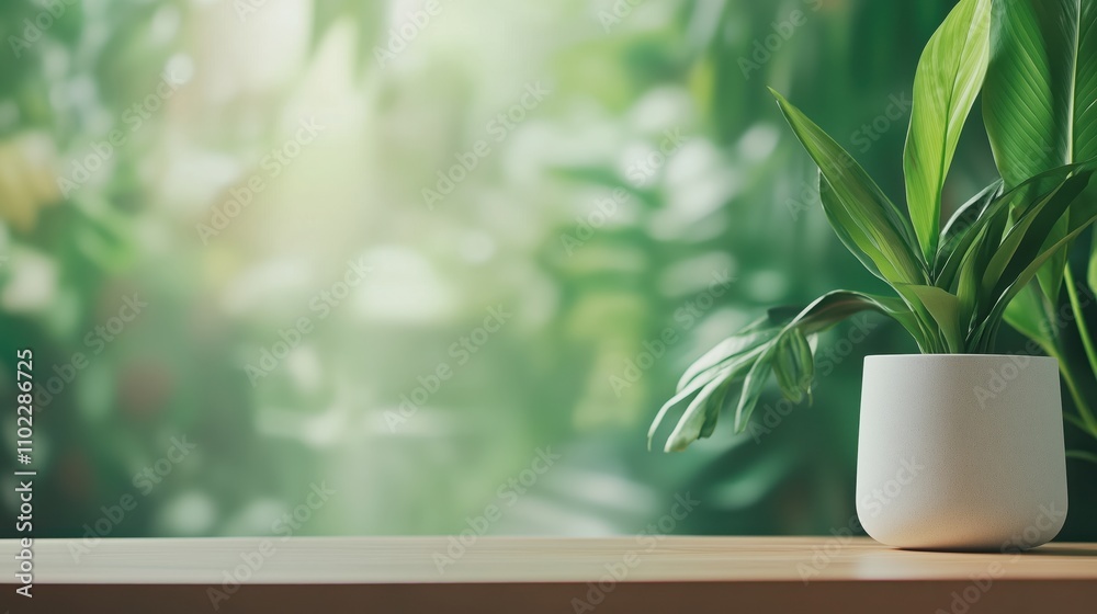 Plant in white pot with green bokeh background with copy space. Natural decor presentation Plant in white pot with green bokeh background with copy space. Natural decor presentation