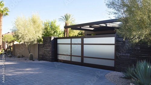 Modern Sliding Gate with Frosted Glass Panels and Stone Wall