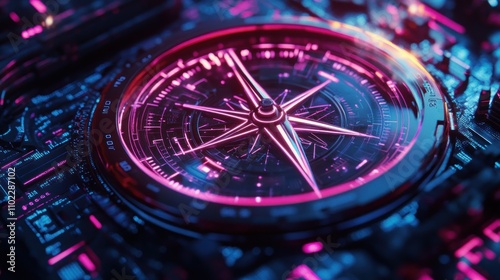 Wallpaper Mural futuristic compass design with vibrant neon colors on a digital circuit background. Torontodigital.ca