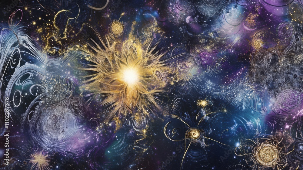 Obraz premium Cosmic abstract backgrounds featuring radiant bursts of light surrounded by swirling patterns in deep purple, midnight blue, and sparkling white. Evokes the grandeur of space and celestial beauty.