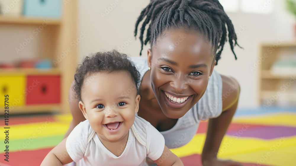 Mother and baby happily playing together on a vibrant mat at home or in a daycare setting Mother and baby happily playing together on a vibrant mat at home or in a daycare setting