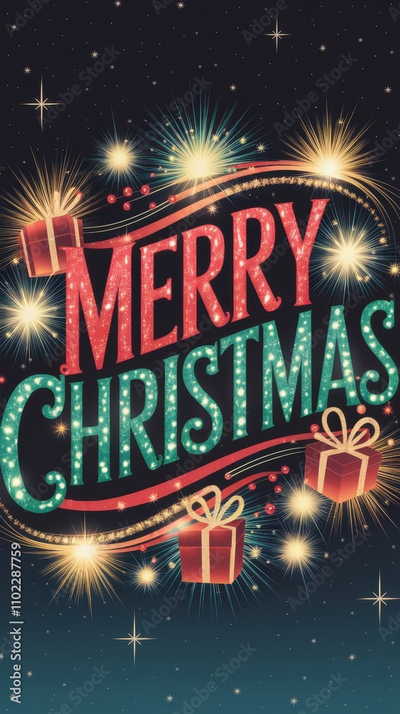 Festive display of Merry Christmas sign with colorful lights and presents against a dark starry background Festive display of Merry Christmas sign with colorful lights and presents against a dark starry background