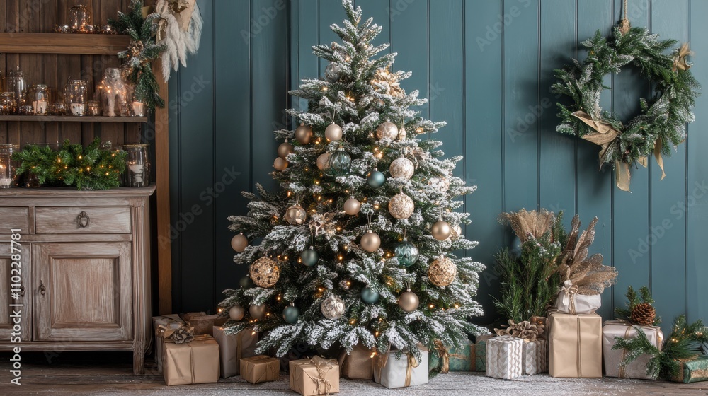Rustic Christmas Tree Decorated with Sparkling Ornaments Rustic Christmas Tree Decorated with Sparkling Ornaments