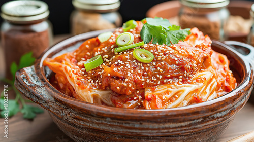 Delicious fermented kimchi with sesame and green onions in rustic bowl for healthy gut