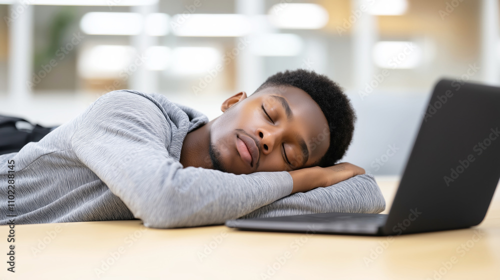 College student exhausted from studying, napping on desk next to laptop in the library College student exhausted from studying, napping on desk next to laptop in the library
