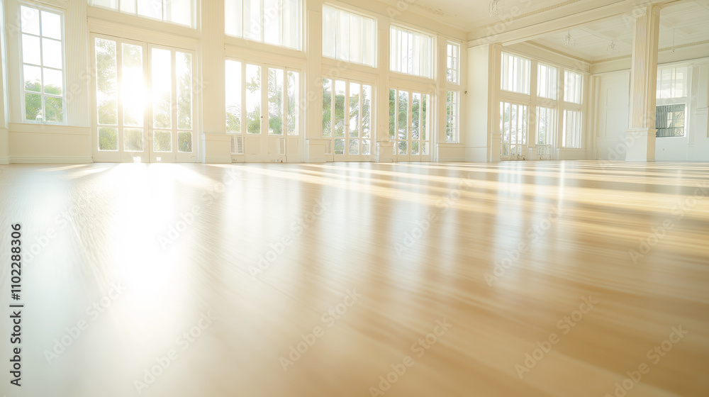 Large windows flood an empty room with bright sunlight, casting a serene and spacious glow on the polished wooden floor Large windows flood an empty room with bright sunlight, casting a serene and spacious glow on the polished wooden floor