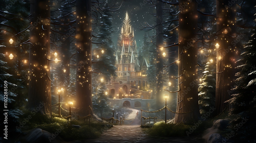 A majestic pine forest adorned with sparkling lights, inviting all creatures to join in the enchantment of a Christmas woodland celebration.