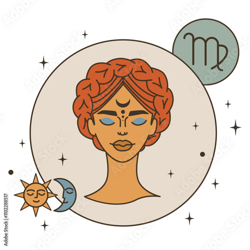 Girl in a circle with stars, moon and sun. Virgo is a zodiac sign. Postcard vintage flat vector illustration. Eps10