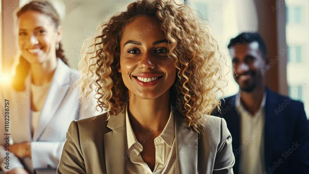 Confident Beauty Businesswoman Leader Smiling in Boardroom Meeting at Sunset Sunrise with Team in Background with Light Flare – Corporate Success and Leadership Concept Confident Beauty Businesswoman Leader Smiling in Boardroom Meeting at Sunset Sunrise with Team in Background with Light Flare – Corporate Success and Leadership Concept