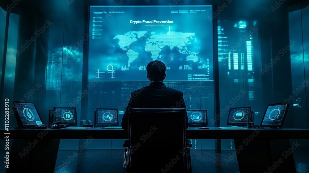Cybersecurity Specialist: A lone figure sits in a dimly lit control room, intently monitoring global data streams on a giant screen. Cybersecurity Specialist: A lone figure sits in a dimly lit control room, intently monitoring global data streams on a giant screen.