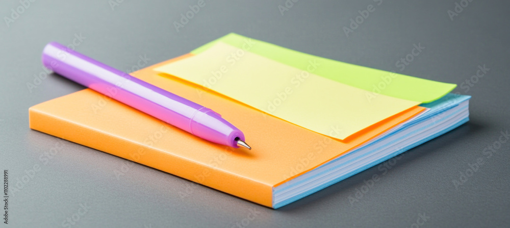 Purple pen resting on orange notebook with sticky notes Purple pen resting on orange notebook with sticky notes