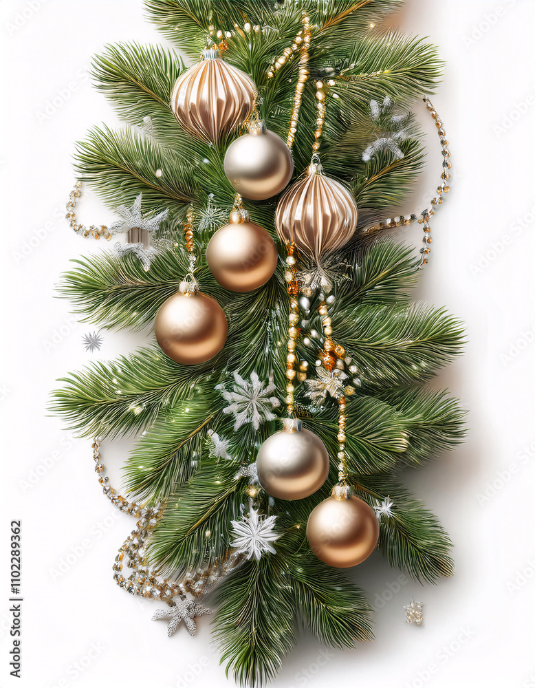 A festive Christmas garland with pine branches, colorful ornaments A festive Christmas garland with pine branches, colorful ornaments
