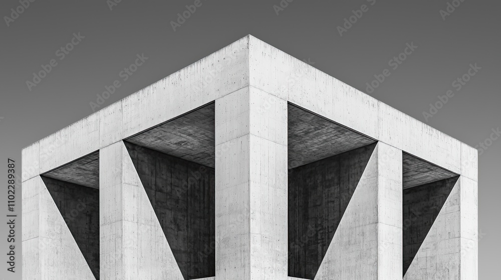 Fototapeta premium A minimalist concrete structure with sharp angles and shadows, showcasing modern architectural design in black and white.
