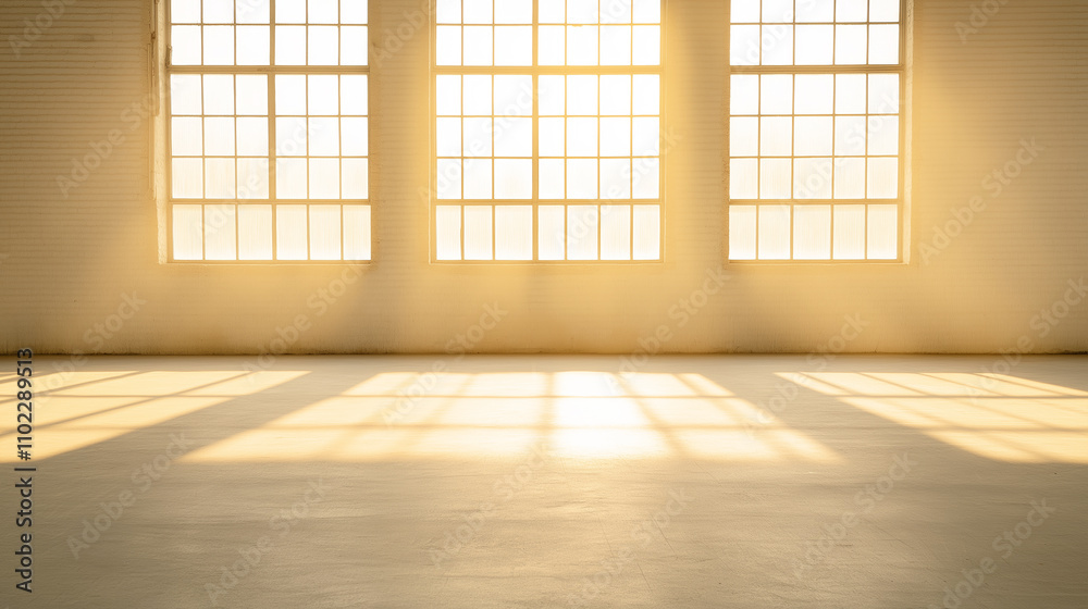 Sunlight streaming through large windows creates an inviting atmosphere in an empty industrial or commercial space Sunlight streaming through large windows creates an inviting atmosphere in an empty industrial or commercial space