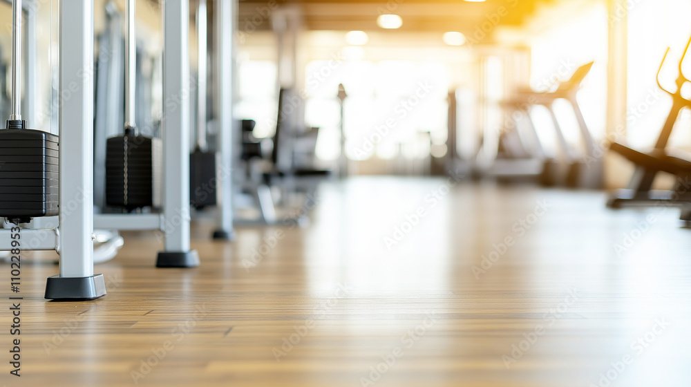 Empty gym with exercise equipment and wooden floor, promoting fitness, health, and active lifestyle Empty gym with exercise equipment and wooden floor, promoting fitness, health, and active lifestyle