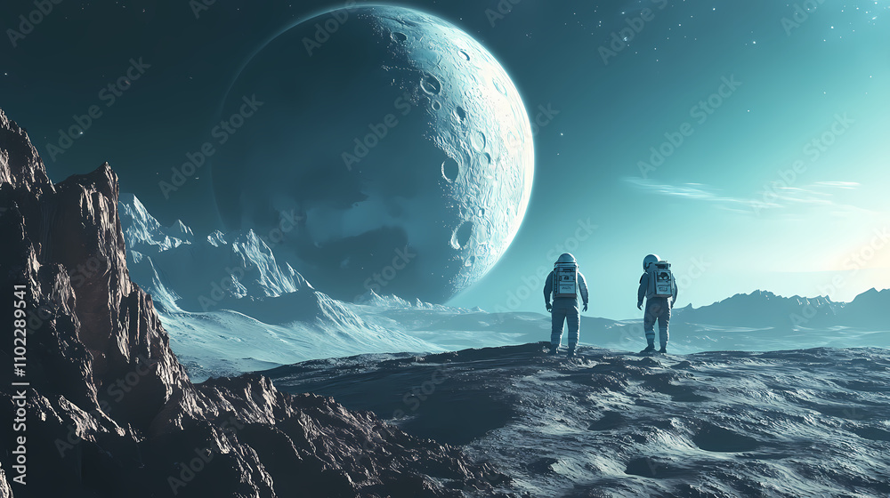 Astronauts exploring the surface of a remote alien planet. Alien. Illustration Astronauts exploring the surface of a remote alien planet. Alien. Illustration
