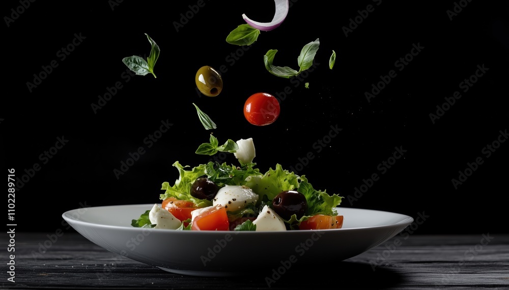 Floating Salad: White Plate With Olives, Lettuce, Tomato, Mozzarella Cheese, And More. Black Background With Copy Space Available Floating Salad: White Plate With Olives, Lettuce, Tomato, Mozzarella Cheese, And More. Black Background With Copy Space Available