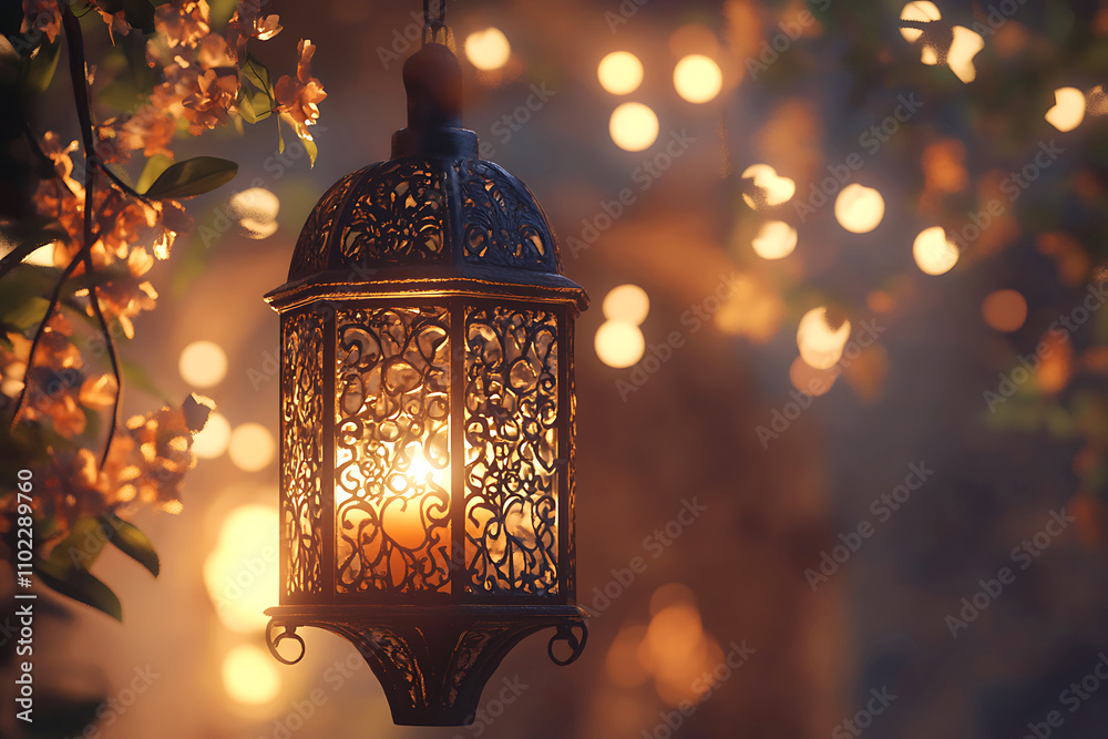 Islamic ramadan kareem celebration lantern with beautiful bokeh lights in the background.