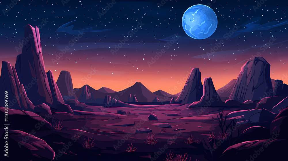 Barren landscape at night, alien planet. transparent png. Alien. Illustration Barren landscape at night, alien planet. transparent png. Alien. Illustration