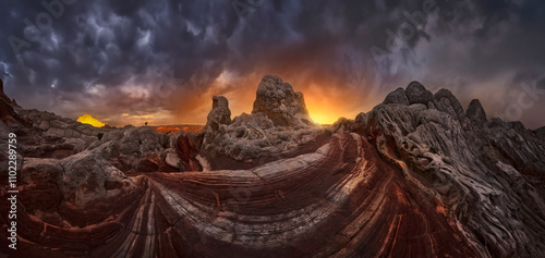 Dramatic sunset over rocky landscape with vibrant colors