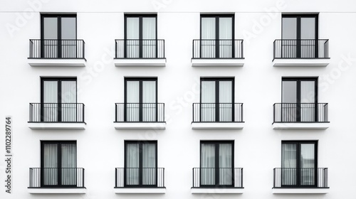 A minimalist facade featuring nine identical windows with black frames and balconies against a white wall.