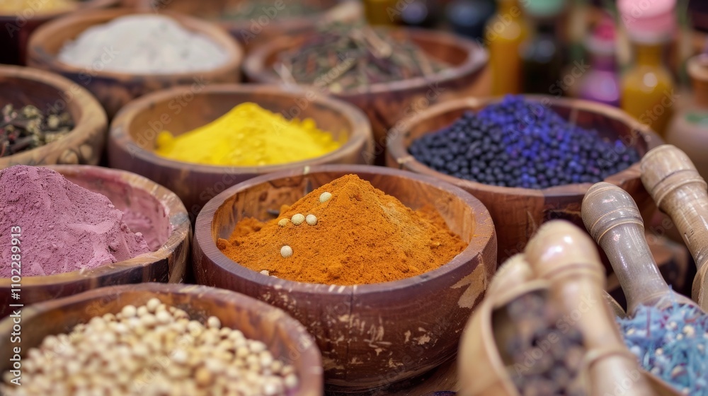 Fototapeta premium Colorful assortment of spices in wooden bowls
