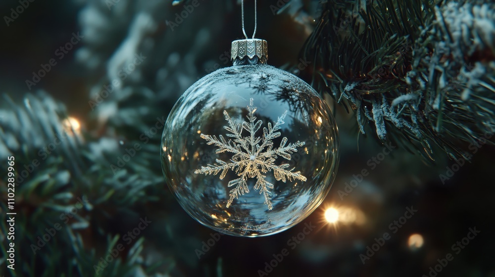 Delicate Snowflake Bauble on Christmas Tree Delicate Snowflake Bauble on Christmas Tree
