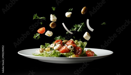 A Plate Of Fresh Salad With Olives, Lettuce, Onion, Tomato, Mozzarella Cheese, Parsley, Basil, And Olive Oil, Floating In Air. Black Background, Copy Space. photo