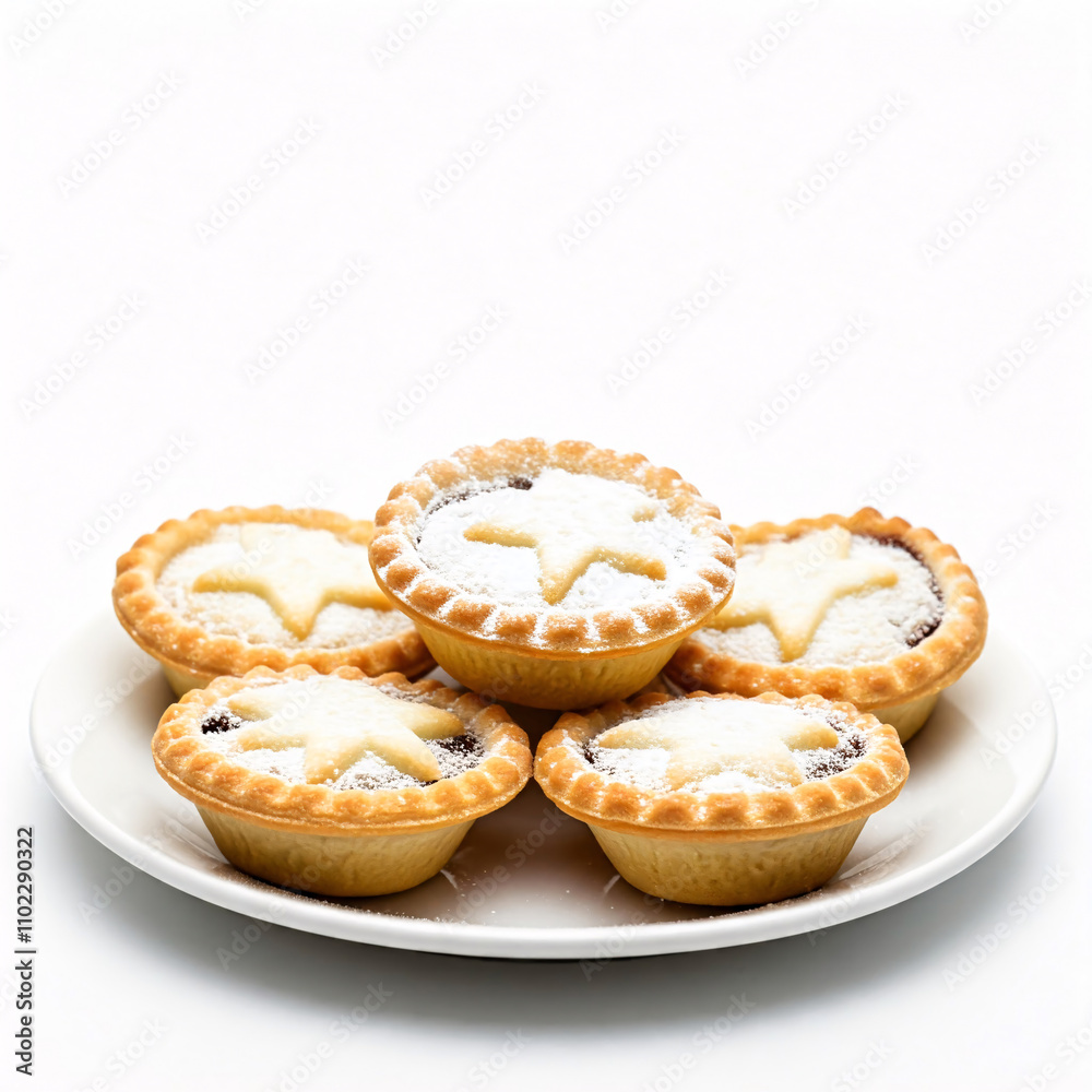 A stack of festive mince pies dusted with powdered sugar on a white plate A stack of festive mince pies dusted with powdered sugar on a white plate
