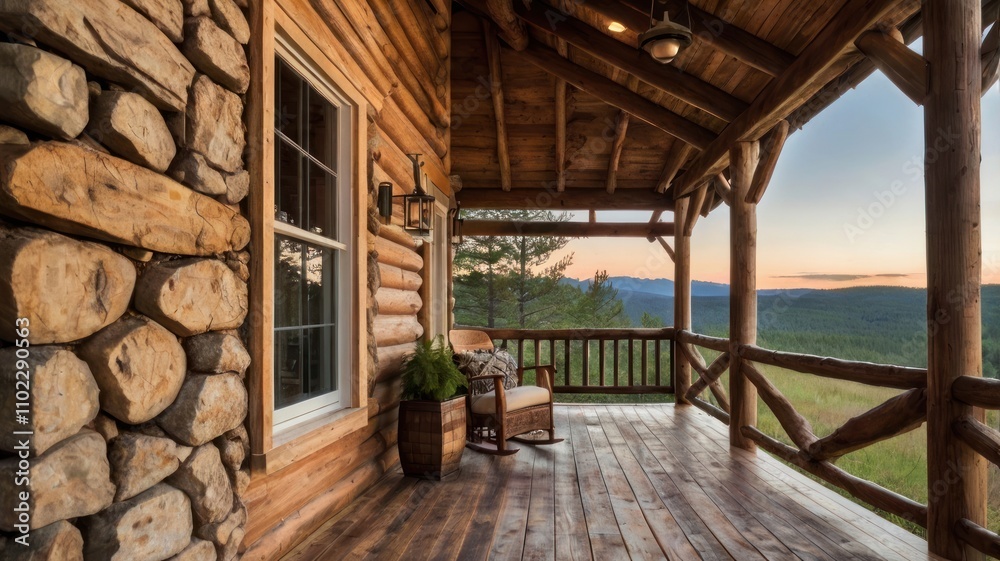 Fototapeta premium Rustic log cabin porch with mountain sunset view.