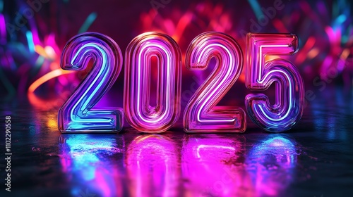 A vibrant 2025 display with neon colors, symbolizing celebration and the New Year.