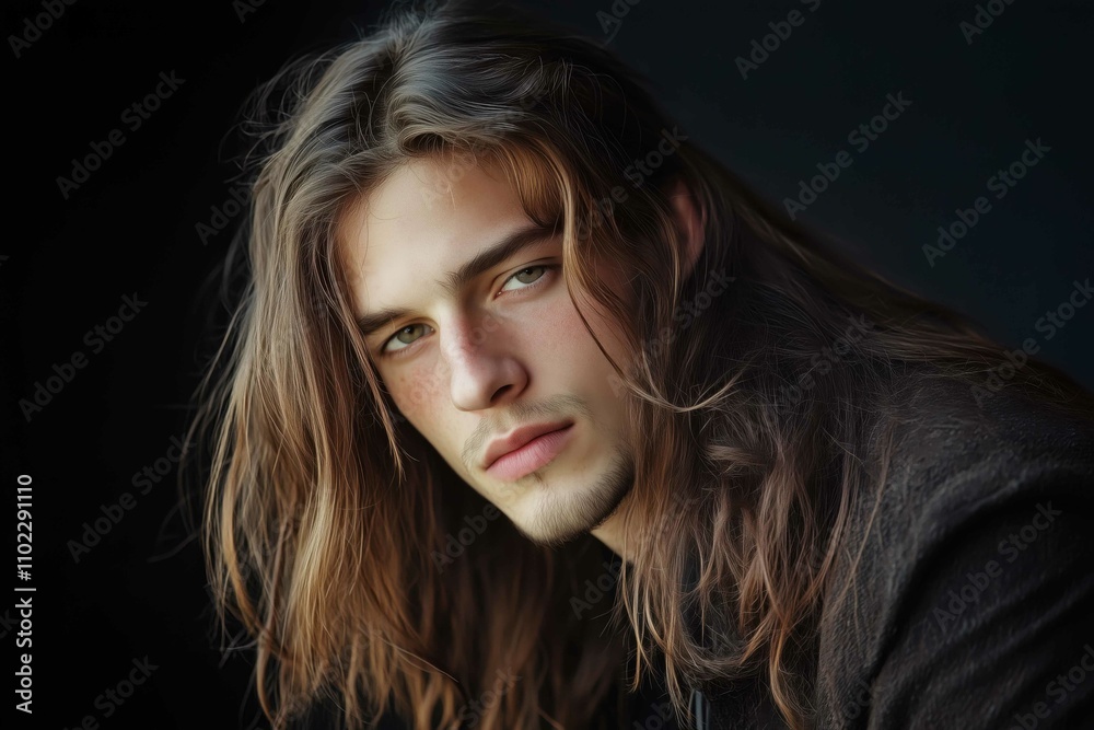 Masculine male model with long hair on plain dark background copy space Masculine male model with long hair on plain dark background copy space