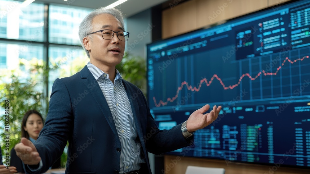 Fototapeta premium Business presentation on market trends corporate office data analysis modern environment professional viewpoint growth strategy