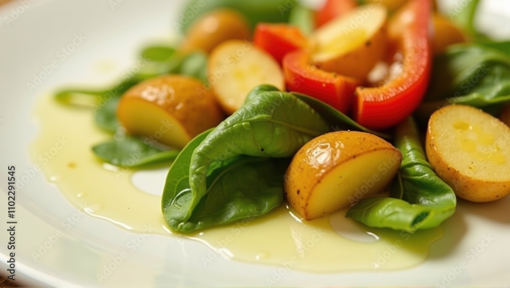 White plate with spinach, red chili pepper, sliced potatoes, and dressing; vibrant colors; healthy meal. Generative, AI, White plate with spinach, red chili pepper, sliced potatoes, and dressing; vibrant colors; healthy meal. Generative, AI,