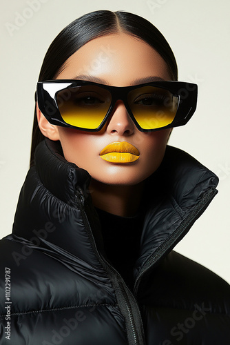 Ensaio fotográfico de moda: Uma mulher com óculos de lente colorida, uma jaqueta grossa preta minimalista. A foto é ângulo frontal do rosto, contra um fundo neutro,. Foto profissional. photo