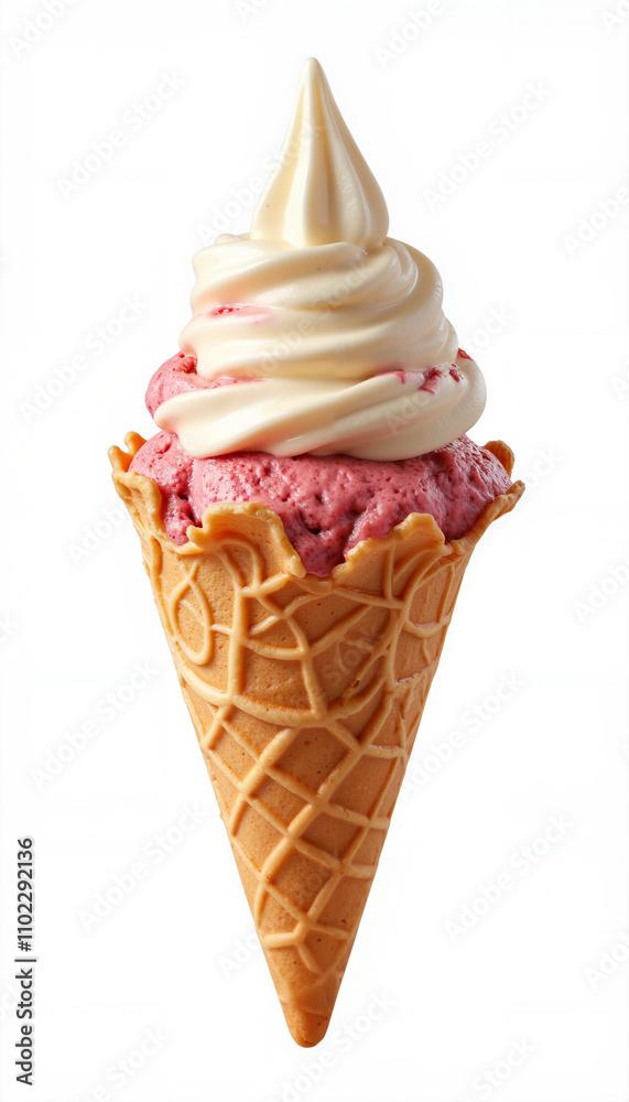 strawberry vanilla ice cream cone on isolated white background strawberry vanilla ice cream cone on isolated white background