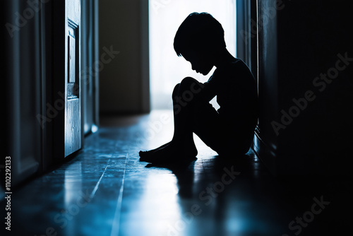 Wallpaper Mural Silhouette of a sad young boy sitting on the floor in a hallway at home. Torontodigital.ca