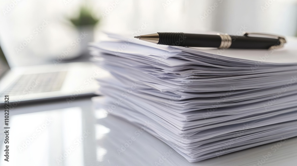 Neat stack of papers on a desk with a pen and laptop in the background, creating a professional office vibe, exuding productivity and organization for a busy workday