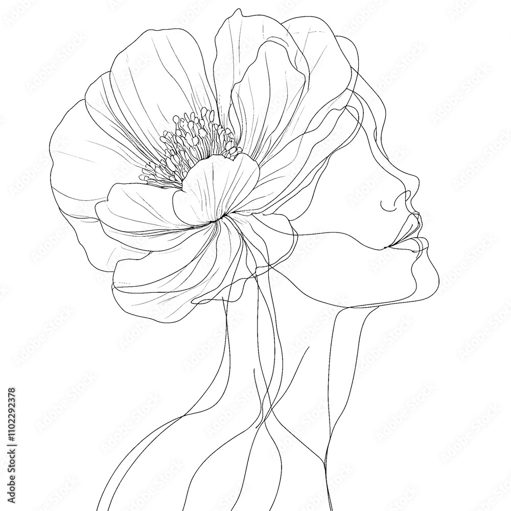 Side Profile Line Art with Large Floral Headpiece Side Profile Line Art with Large Floral Headpiece