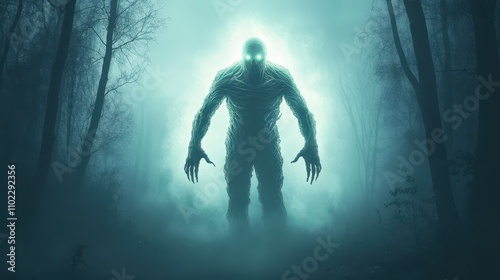 Eerie ghostly figure with glowing eyes in a misty forest, creating a haunting, supernatural ambiance perfect for horror themes.