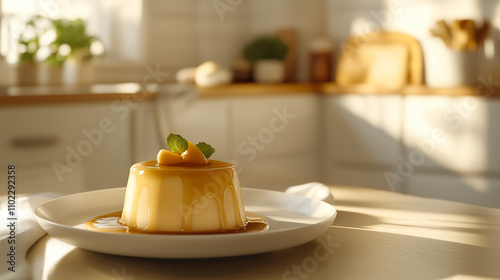 Gourmet Dulce de Leche Flan on White Plate with Citrus Garnish in Sunlit Modern Kitchen Setting. Traditional Latin American Dessert