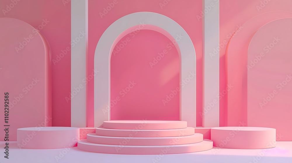 Abstract minimal scene with geometrical forms. Pink podium. 3d render Abstract minimal scene with geometrical forms. Pink podium. 3d render