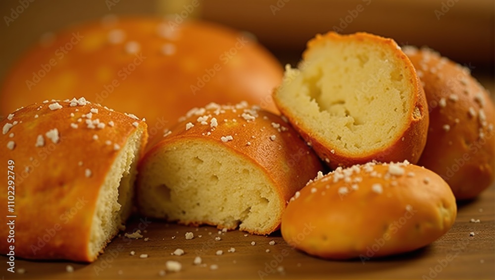 Freshly baked bread rolls with salt on top, one torn open on a wooden board. Generative, AI, Freshly baked bread rolls with salt on top, one torn open on a wooden board. Generative, AI,